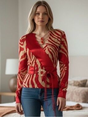 Elegant Silk Red Zebra Print Blouse